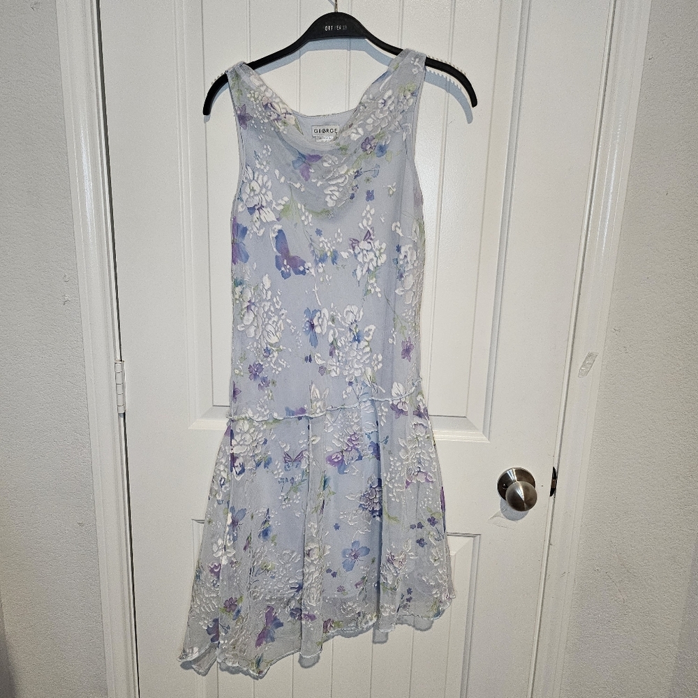 George Y2kGirls 16 Skyline Blue Floral Butterfly Mesh Cowl Neck Drop Waist Dress
